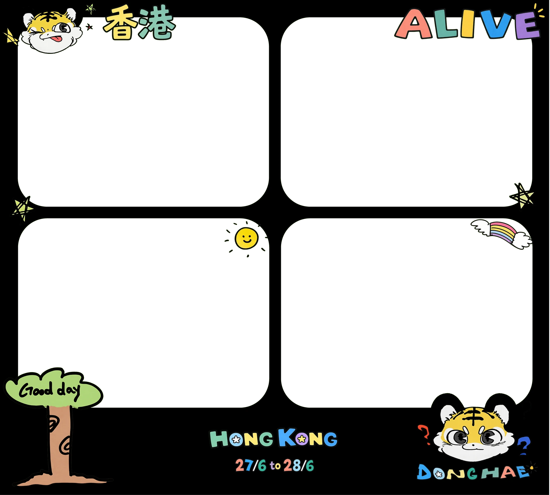HK Dark 2x2 grid frame — crayon doodles